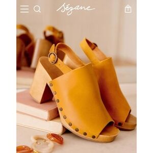 Sezane Dakota High Clogs in Terracotta Red Wooden Heels Buckle Chunky Platform